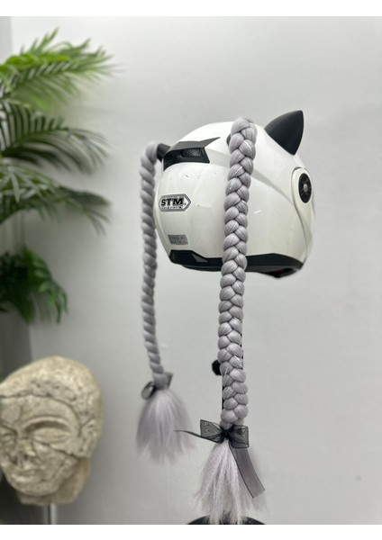 Motor & Motosiklet Gri Simli Çift Örgü Saç ve Hologram Fiyonklu Kedi Kulak Set Kask Dış Aksesuarı fırsatları