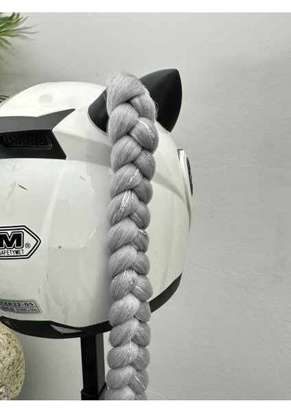 Motor & Motosiklet Gri Simli Çift Örgü Saç ve Hologram Fiyonklu Kedi Kulak Set Kask Dış Aksesuarı