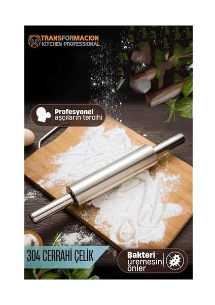 Hsnet Çelik Merdane - Profesyonel Hamur Açma Merdanesi - 304 Paslanmaz Çelik Mutfak Merdanesi