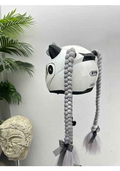 Motor & Motosiklet Gri Simli Çift Örgü Saç ve Hologram Fiyonklu Kedi Kulak Set Kask Dış Aksesuarı