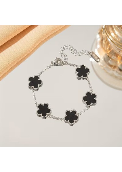 Çelik Bileklik Dört Yapraklı Büyük Yonca Siyah Sedef Taşlı Uzunluk 18 cm Gümüş