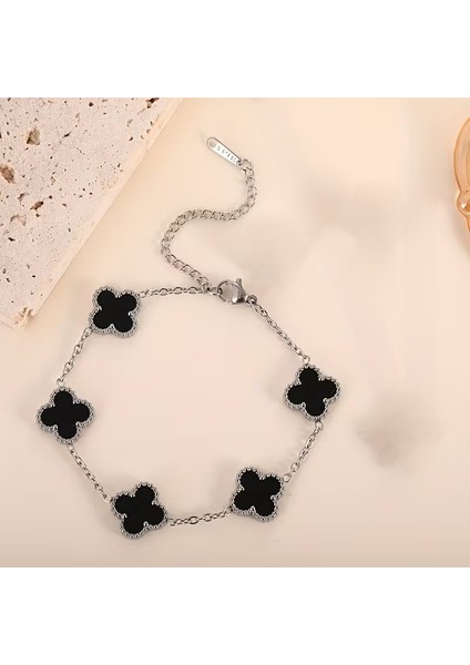 Çelik Bileklik Dört Yapraklı Büyük Yonca Siyah Sedef Taşlı Uzunluk 18 cm Gümüş modelleri