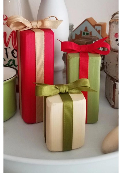 3'lü Ekose Çiftlik Evi Noeli Dekor Seti ve Katmanlı Tepsi, Renkli fiyatları