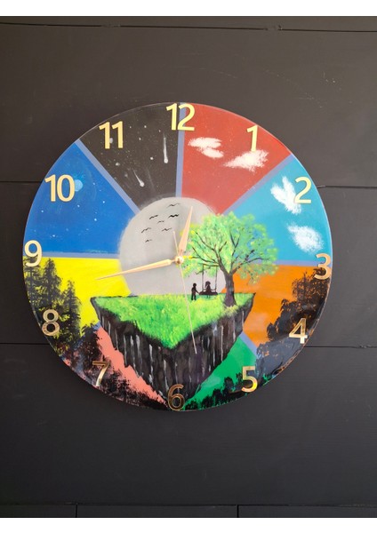 Duvar Saati - 35 cm El Çizimi Epoksi Duvar Saati + Hediye Anahtarlık - Şık Epoksi Duvar Saati - Eşsiz Tasarım - Modern Dekorasyon