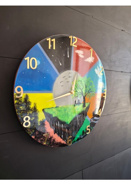 Duvar Saati - 35 cm El Çizimi Epoksi Duvar Saati + Hediye Anahtarlık - Şık Epoksi Duvar Saati - Eşsiz Tasarım - Modern Dekorasyon fiyatları