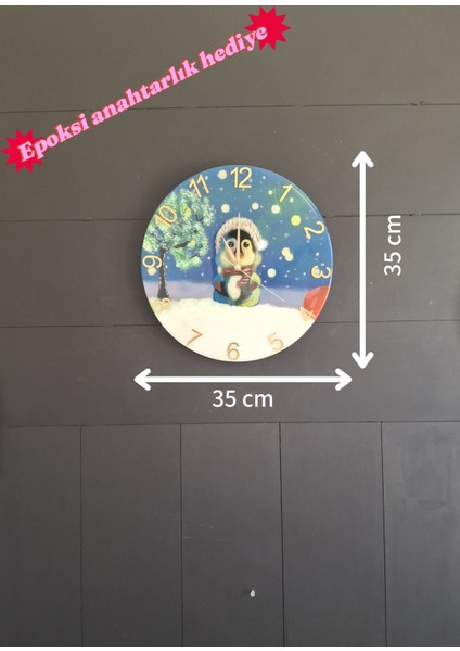 Duvar Saati - 35 cm El Çizimi Epoksi Duvar Saati + Hediye Anahtarlık - Şık Epoksi Duvar Saati - Eşsiz Tasarım - Modern Dekorasyon - Kar Temalı Penguen