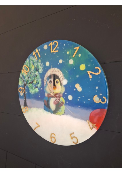 Duvar Saati - 35 cm El Çizimi Epoksi Duvar Saati + Hediye Anahtarlık - Şık Epoksi Duvar Saati - Eşsiz Tasarım - Modern Dekorasyon - Kar Temalı Penguen modelleri