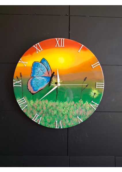Duvar Saati - 35 cm El Çizimi Epoksi Duvar Saati + Hediye Anahtarlık - Şık Epoksi Duvar Saati - Eşsiz Tasarım - Modern Dekoratif Duvar Saati - Kelebek Temalı