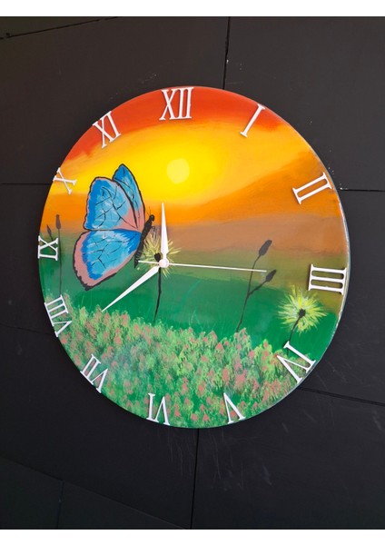 Duvar Saati - 35 cm El Çizimi Epoksi Duvar Saati + Hediye Anahtarlık - Şık Epoksi Duvar Saati - Eşsiz Tasarım - Modern Dekoratif Duvar Saati - Kelebek Temalı modelleri