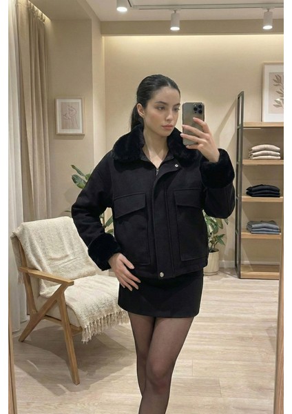 Kadın Ceket Relax Fit Kürklü Kol ve Yaka Detaylı Günlük Kadın Ceket