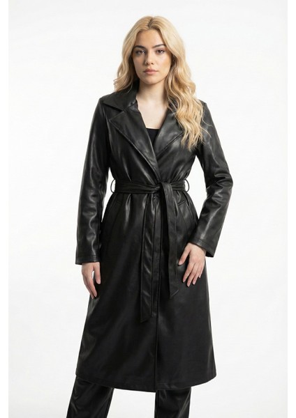 Kadın Siyah Uzun Deri Trençkot Cepli Kuşaklı Rüzgar Kapaklı Yeni Sezon Dış Giyim