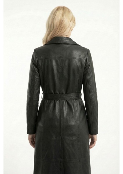 Kadın Siyah Uzun Deri Trençkot Cepli Kuşaklı Rüzgar Kapaklı Yeni Sezon Dış Giyim modelleri