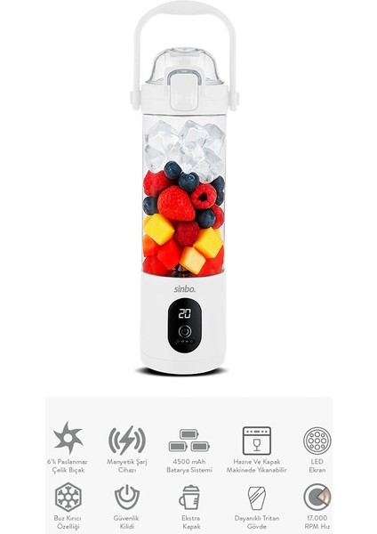 Şarjlı Taşınabilir Smoothie Blender 700MLBUZ Kırma - Çelik Bıçak Manyetik Şarj 150W 4500MAH SHB-7504