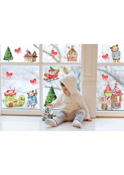Renkli ve Sevimli Ayılar Çocuk Odası Cam ve Duvar Stickerı, Yılbaşı Temalı