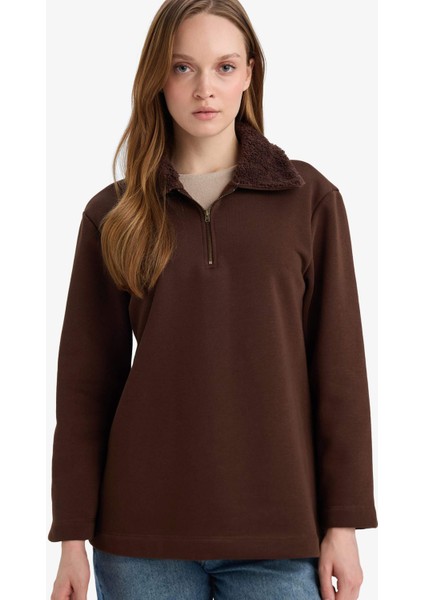 Regular Fit Fermuarlı Yaka İçi Yumuşak Tüylü Kalın Sweatshirt Tunik G3853AX25WN