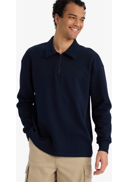 Boxy Fit Polo Yaka Yarım Fermuarlı Pike Sweatshirt G6471AX25WN