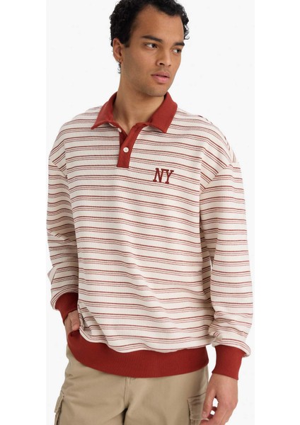 Boxy Fit Polo Yaka Baskılı Çizgili Sweatshirt G7003AX25WN