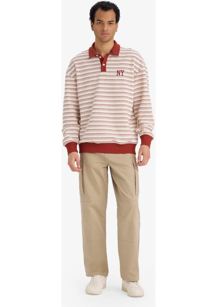 Boxy Fit Polo Yaka Baskılı Çizgili Sweatshirt G7003AX25WN fiyatları