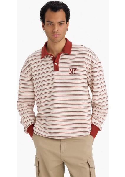 Boxy Fit Polo Yaka Baskılı Çizgili Sweatshirt G7003AX25WN modelleri