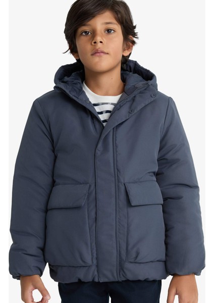 Erkek Çocuk Su İtici Kapüşonlu Fermuarlı Şişme Mont E7386A825WN