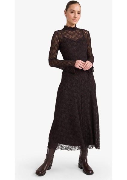 A Kesim Dik Yaka Dantel Uzun Kollu Midi Elbise G6959AX25AU