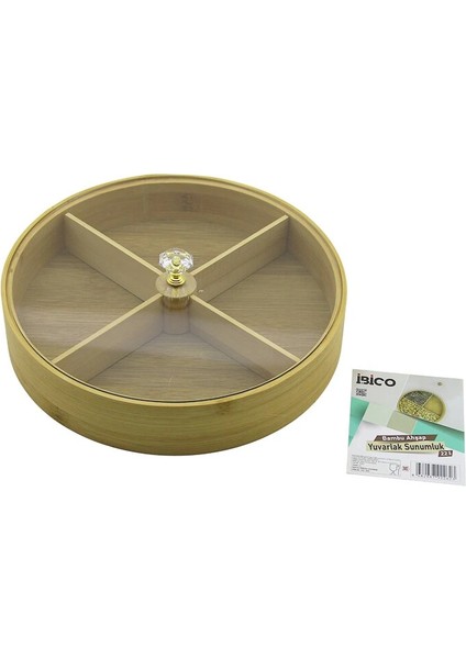 Yuvarlak 4 Bölmeli=2ın1=bölmesiz Çok Amaçlı Kutu Ahşap Bambu Servis Sunum Tepsi - Tahtası 22CM