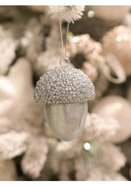 10 cm Gümüş Meşe Palamudu Yılbaşı Ağaç Süsü, Dekoratif ve Asılabilir