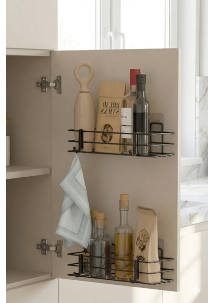 2'li Siyah Dolap Kapağı Yapışkanlı Raf Seti – Mutfak & Banyo Düzenleyici Metal Organizer