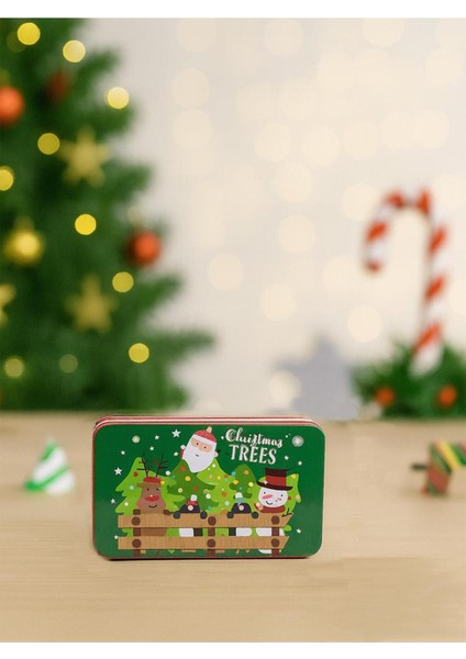 Yeşil Çam Desenli Mini Dikdörtgen Teneke Kutu 11 Cm, Yılbaşı Teması