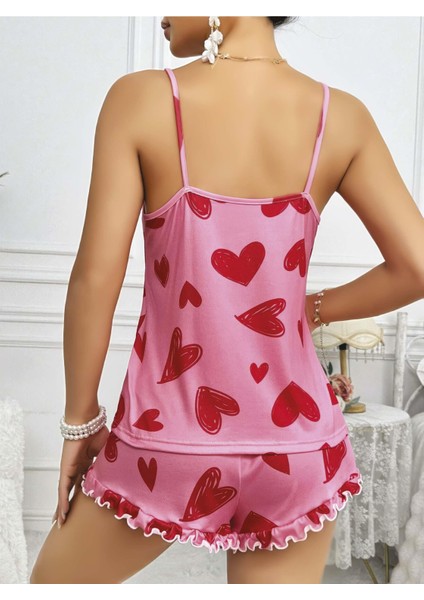 Kadın Pembe Kalp Baskılı Şortlu Gecelik Pijama Takımı 5050 fiyatları
