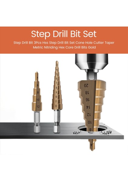 Adım Matkap Bit 3 Pcs Hss Adım Matkap Bit Seti Koni Delik Kesici Konik Metrik Nitriding Hex Çekirdek Matkap Bitleri Altın (Yurt Dışından) fırsatları