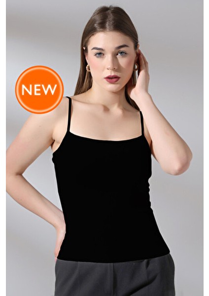 Kadın Siyah Ultra Soft Basic Ip Askılı Bluz Esnek Penye Kare Yaka Klasik Model