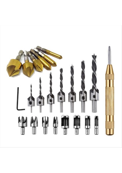 23PCS Merkez Yumurlama Üç Pointed Ahşap Matkap Ahşap Tapa Kesici Altıgen Sap Beş Kenarlık Papat Seti (Yurt Dışından)