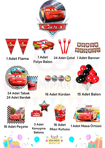 Cars-Arabalar Temalı 24 Kişilik Maxi Doğum Günü Parti Seti fiyatları