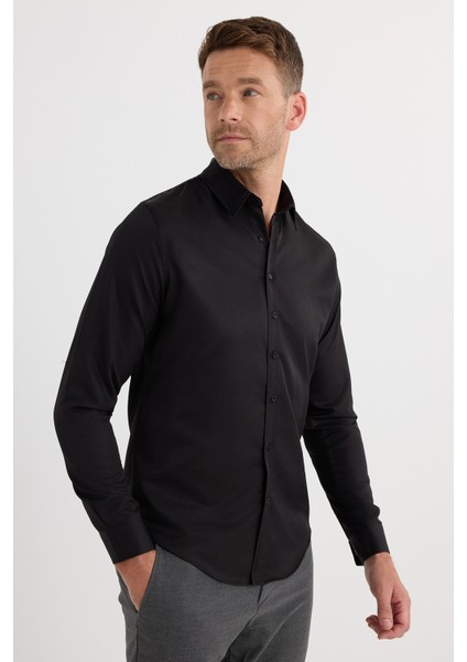 Slim Fit Uzun Kollu Kolay Ütü Teri Emen Nefes Alan Doku Kravatlık Dört Mevsim Siyah Erkek Gömlek