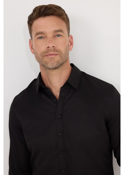 Slim Fit Uzun Kollu Kolay Ütü Teri Emen Nefes Alan Doku Kravatlık Dört Mevsim Siyah Erkek Gömlek fiyatları