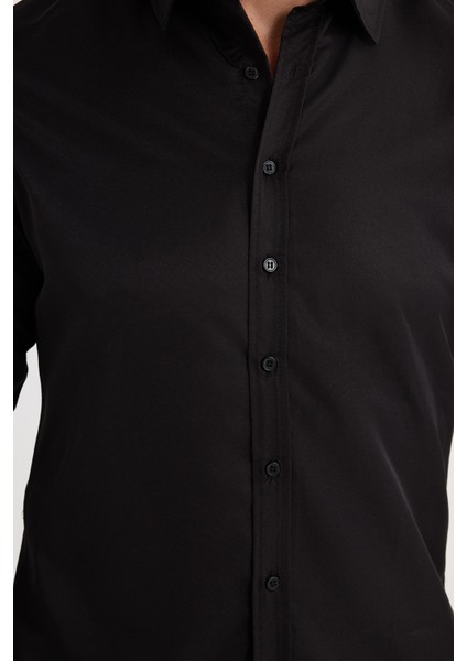 Slim Fit Uzun Kollu Kolay Ütü Teri Emen Nefes Alan Doku Kravatlık Dört Mevsim Siyah Erkek Gömlek modelleri