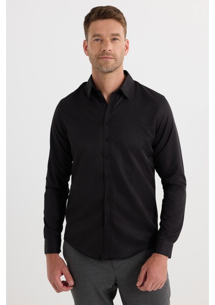 Slim Fit Uzun Kollu Kolay Ütü Teri Emen Nefes Alan Doku Kravatlık Dört Mevsim Siyah Erkek Gömlek fırsatları