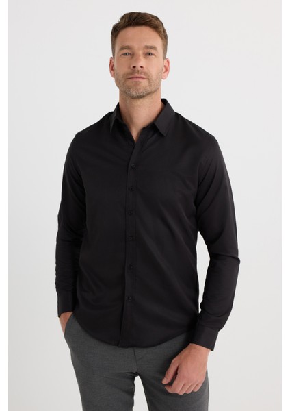 Slim Fit Uzun Kollu Kolay Ütü Teri Emen Nefes Alan Doku Kravatlık Dört Mevsim Siyah Erkek Gömlek indirimleri