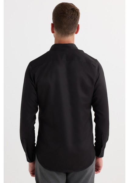 Slim Fit Uzun Kollu Kolay Ütü Teri Emen Nefes Alan Doku Kravatlık Dört Mevsim Siyah Erkek Gömlek