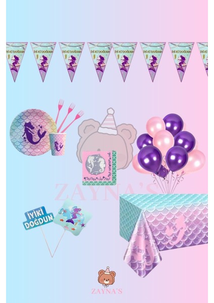 Deniz Kızı Doğum Günü Parti Seti | 1-5 Yaş Arası | Balık Kuyruğu Temalı Kız Çocuk Masa Süsleri 24 Lü