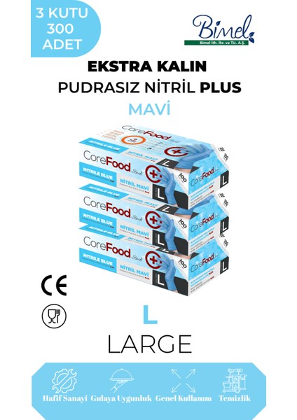Ekstra Kalın Nitril Mavi Plus Muayene Eldiveni L - 3 Paket 100'LÜ