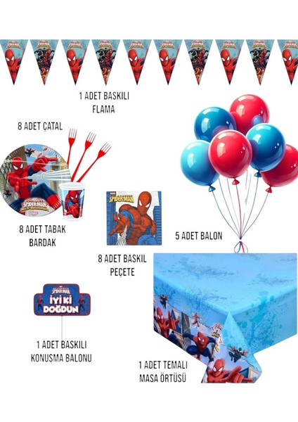 Örümcek Adam Erkek Çocuk Konseptli Doğum Günü Parti Seti Malzemeleri 8 Kişilik fiyatları