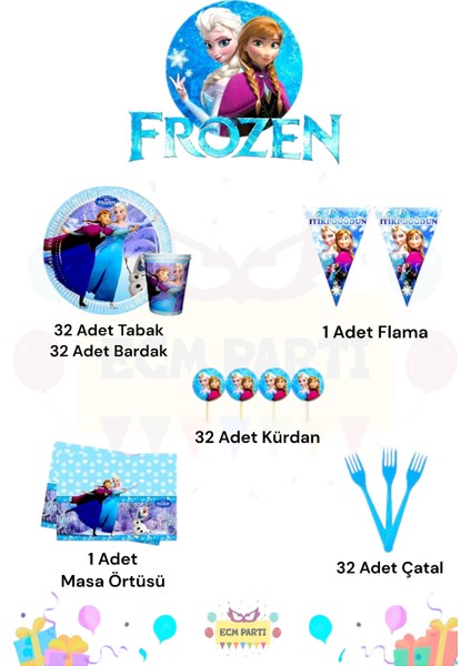 Elsa Frozen Temalı 32 Kişilik Mini Doğum Günü Parti Seti fiyatları