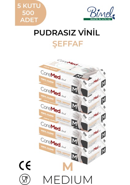 Vinil Şeffaf Pudrasız Muayene Eldiveni M - 5 Paket 100'LÜ