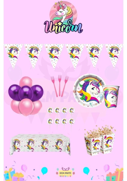 Unicorn Temalı 16 Kişilik Ultra Doğum Günü Parti Seti