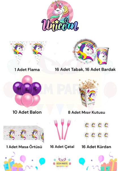 Unicorn Temalı 16 Kişilik Ultra Doğum Günü Parti Seti fiyatları
