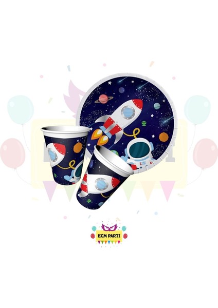 Kozmik Uzay Temalı Karton Tabak ve Bardak Seti 16 Lı - Doğum Günü Parti Seti Malzemeleri