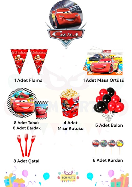 Cars-Arabalar Temalı 8 Kişilik Ultra Doğum Günü Parti Seti fiyatları