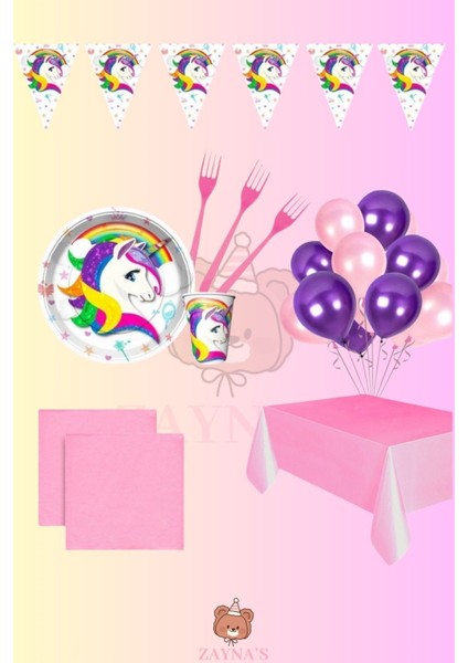 Unicorn Temalı Kız Çocuk Tek Boynuzlu At 8 Kişilik Set Doğum Günü Parti Malzemeleri